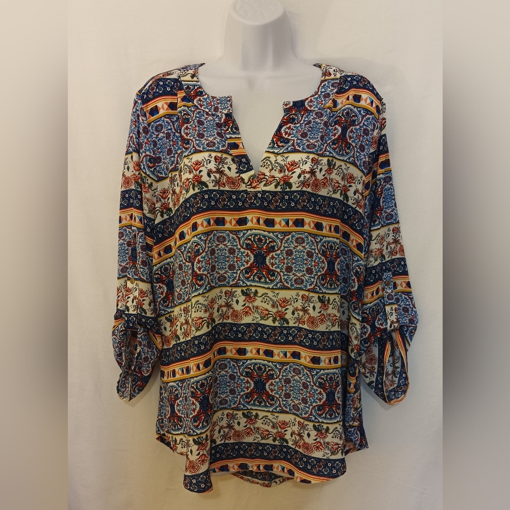 Bohemian Print Women's Hi Lo Top Blue Red Gold White Size L